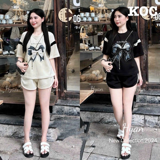 Set cotton tàu đính nơ tơ Quần vát gấu