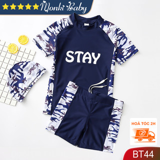 Bộ đồ bơi bé trai 2 mảnh họa tiết Army, tặng kèm mũ, có size lớn đến 68kg, chất thun bơi lạnh co giãn, chống nắng | BT44