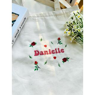 Túi tote vải canvas thêu tên và họa tiết hoa hồng, túi tote nữ, túi tote đi học