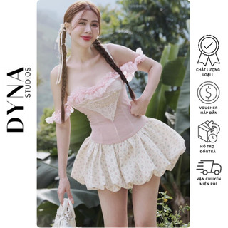 Váy trễ vai viền bèo 𝐀𝐒𝐇𝐘𝐋𝐄𝐘 chân xoè bí bồng xinh xắn