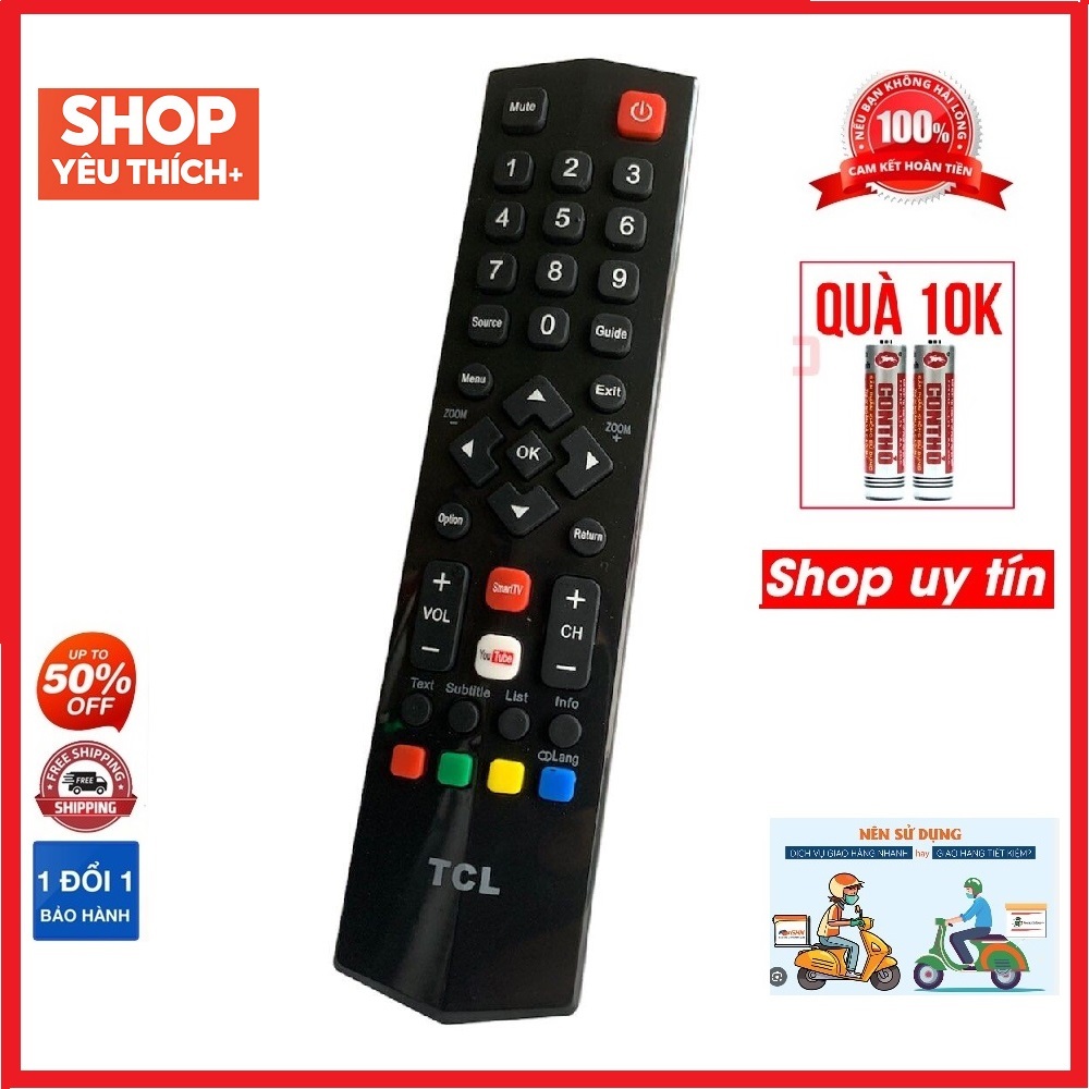 Remote điều khiển tivi TCL youTobe nhọn, Remote TV tcl hàng đẹp chuẩn nét - Tặng kèm pin 
