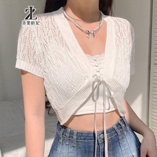 Áo khoác cardigan cổ v tay ngắn cột dây sexy chất ren mềm  màu trắng  hàng QCCC  không xù không ngứa__LaRoSa