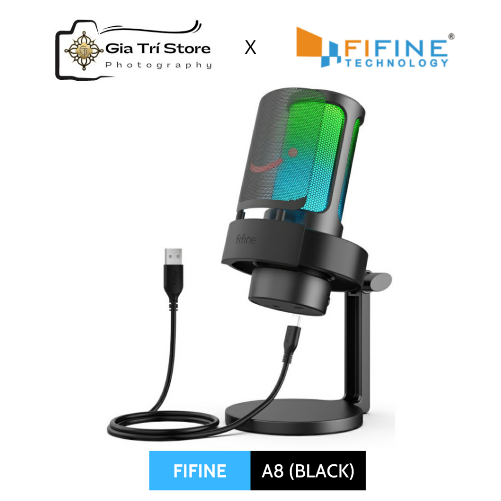 FIFINE A8 (BLACK) - Bộ Mic Thu Âm Để Bàn Cổng USB-A Cho Máy Tính, Tích Hợp Đèn Đổi Màu RGB - Hàng Ch