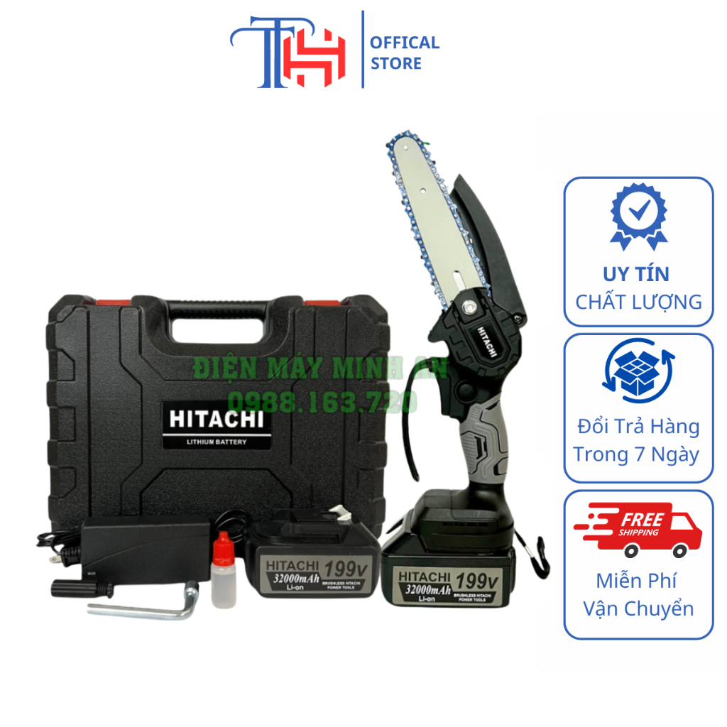 Máy cưa xích pin cầm tay cưa gỗ mini dùng pin HITACHI cưa gỗ siêu khỏe