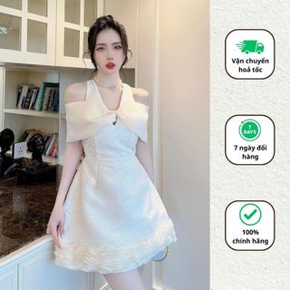 Váy đi tiệc thiết kế dáng A phối bèo sóng đầm kim sa trễ vai nơ to sang chảnh Minaca Clothing V281
