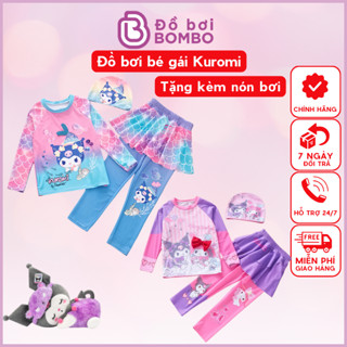 Đồ bơi Kuromi bé gái tay dài quần dài phối váy xinh xắn tặng kèm nón bơi gọn tóc che nắng cho bé
