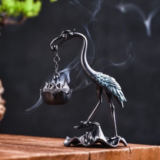 Lư xông trầm hương, lư hương đốt trầm, hồng hạc đốt trầm hương ngậm đài sen chất liệu đồng cổ điển