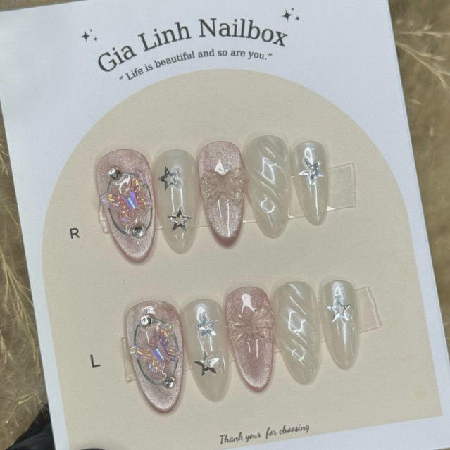 M235 nailbox thiết kế mắt mèo hồng phối tráng gương ngọc trai