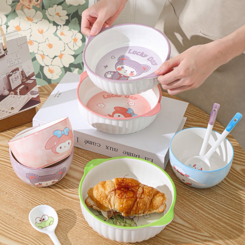 Sét bát sứ có tay cầm tặng kèm thêm bát nhỏ và thìa , bát sứ decor hình cute [FREESHIP]
