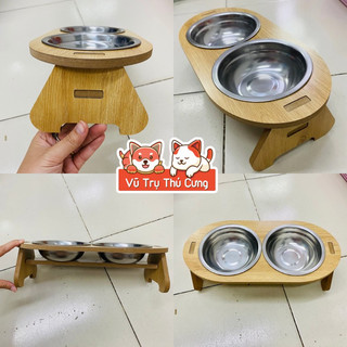 Bát ăn đôi cho Chó Mèo chất liệu Gỗ, kèm 2 bát ăn inox
