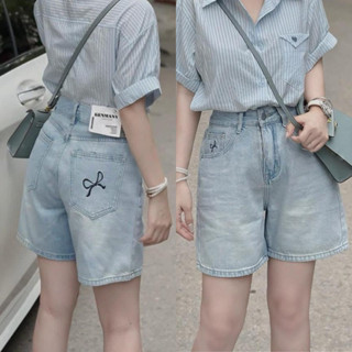 Quần Short Jean Nữ Zinly Cạp Cao Ống Rộng Thêu Nơ Chất Cotton Jean Không Co Giãn Q305