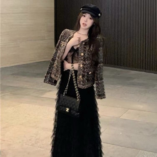 Áo khoác dạ tweed xám chỉ mầu cao cấp dáng ngắm cổ tròn cúc đồng- ảnh thật denim