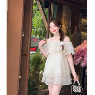 Shelasset Set bộ áo tơ trễ vai cổ yếm kèm quần váy dáng rộng tiểu thư Hàn Quốc Dilyshop