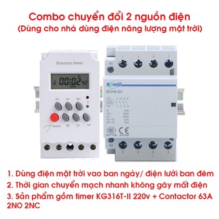 Combo bộ chuyển nguồn điện theo ngày gồm timer kg316t-ii 220v + contactor 2no/2nc 63a-100a