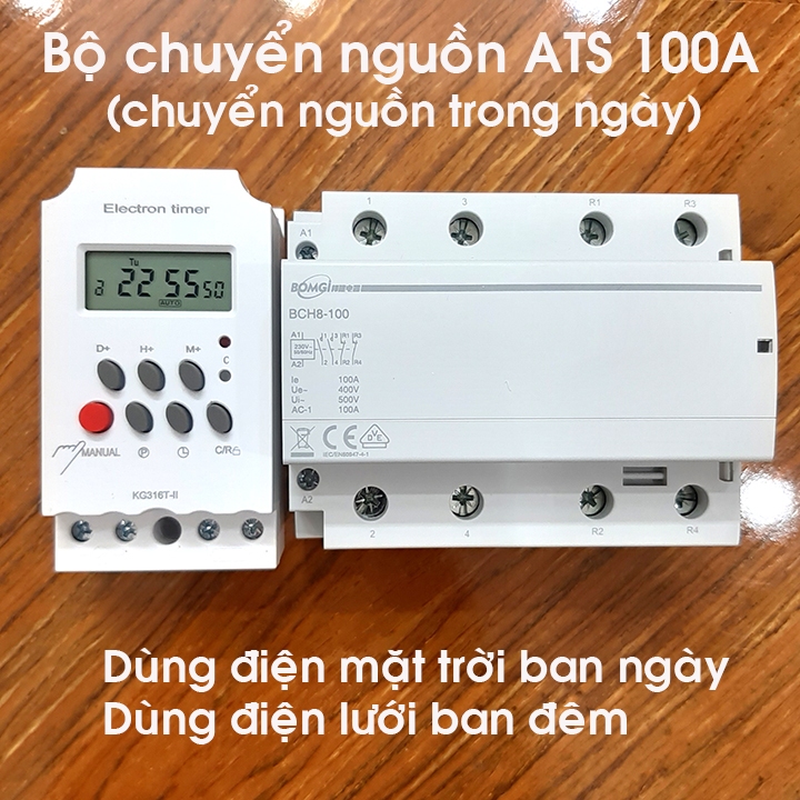 Combo ATs 100A chuyển đổi hai nguồn điện theo ngày gồm Timer KG316T-II 220v + Contactor 2NO/2NC 63A-