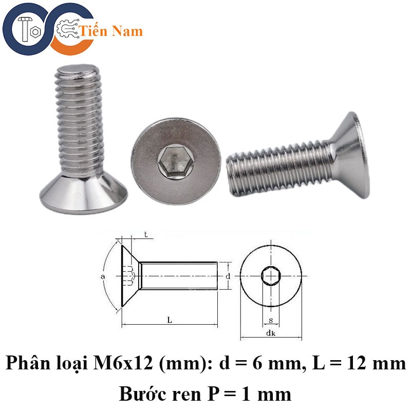 Bu lông lục giác chìm đầu bằng - đầu col inox 304 M6x12 - túi 10 con
