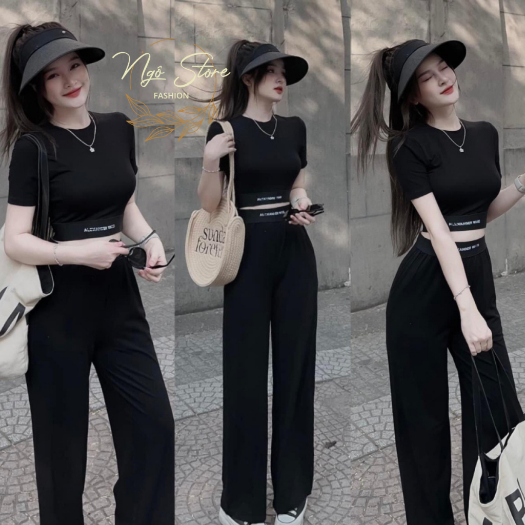 Set bộ đồ nữ,set đen áo croptop đai lưng chữ tay ngắn mix quần ống suông chất thun dẻo set hottrend trẻ trung
