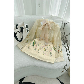 SP021949 SET ÁO VOAN NUDE THẮT NƠ CỔ IN HOA TAY + CHÂN VÂY IN HOẠ TIẾT