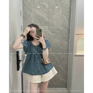 [Hình thật chụp sàn] Áo jeans xếp li nút cài tay con siêu xinh