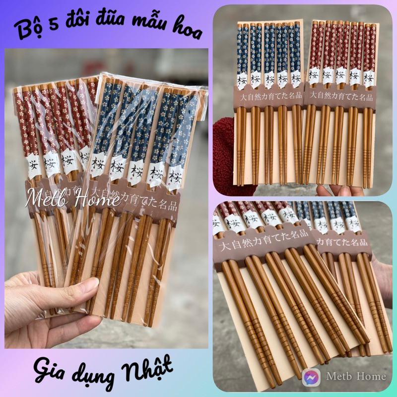 Bộ 5 đôi đũa tre mẫu hoa - nhập từ Nhật