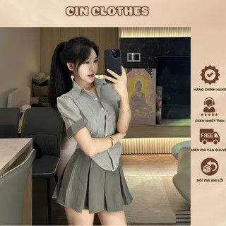 [CÓ SẴN] Set sơ mi kẻ tay bồng vạt bầu hách eo kèm chân váy xếp ly CINclothes