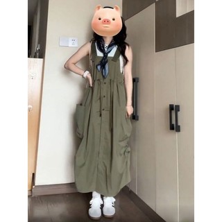 (Có sẵn) Váy yếm babydoll hot trendy Douyin xanh rêu túi hộp dáng rộng thời trang Girl Crush