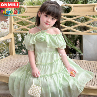 Váy bé gái Thóc Bi ngực cài hoa chất liệu tơ ánh bèo vai xinh vải lót xịn mịn cho bé 12-38Kg TH370