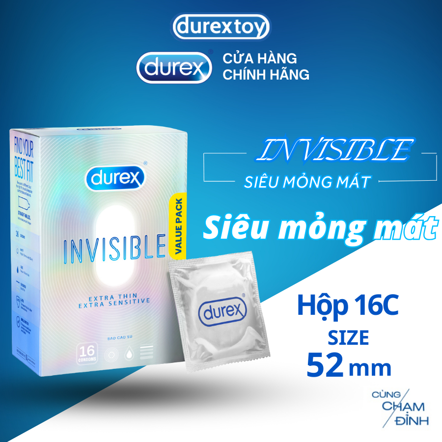 Bao cao su Durex Invisible siêu mỏng, bôi trơn size 52mm, hộp 16 bao chính hãng  - Durextoy