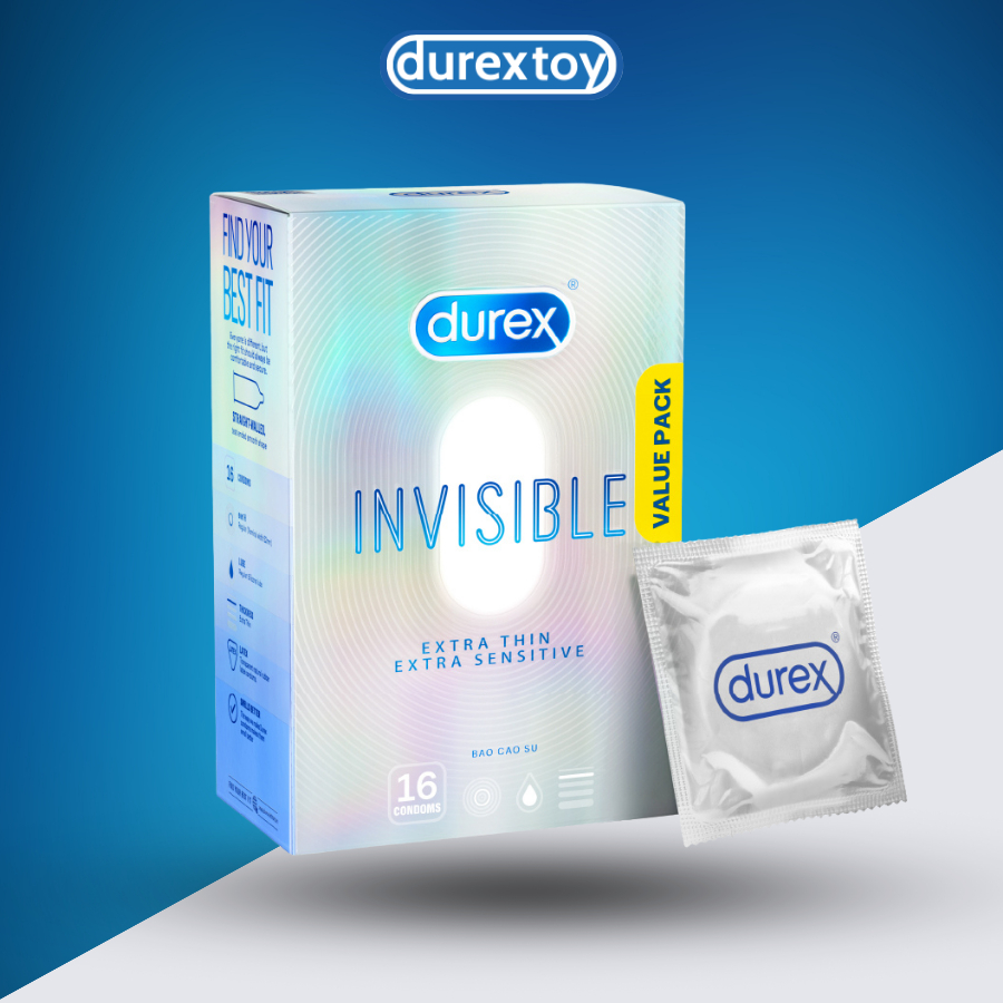 Bao cao su Durex Invisible siêu mỏng, bôi trơn size 52mm, hộp 16 bao chính hãng  - Durextoy