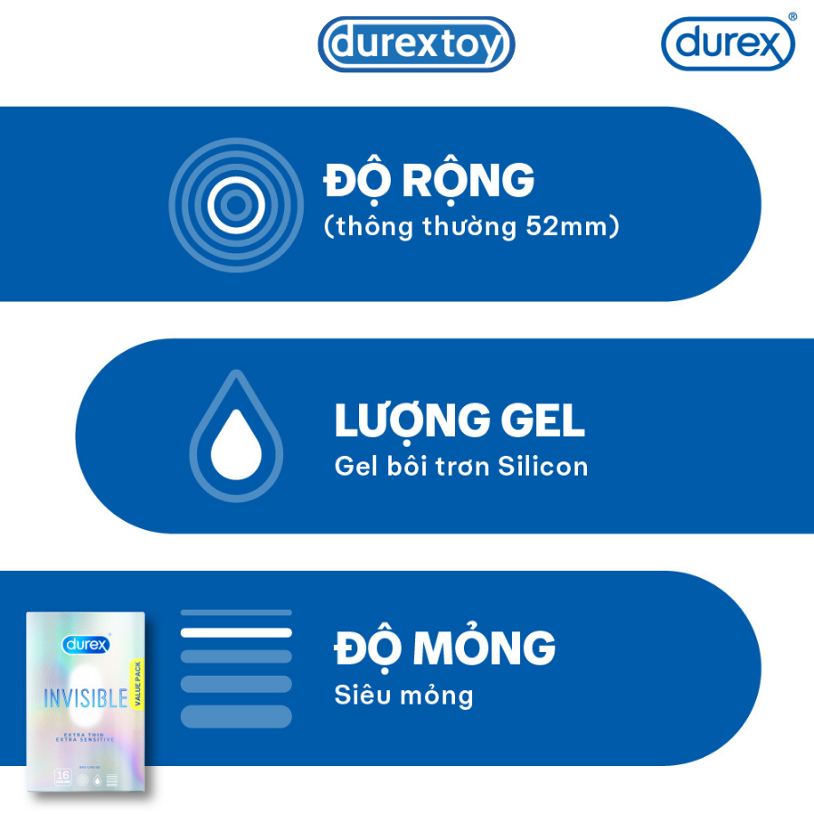 Bao cao su Durex Invisible siêu mỏng, bôi trơn size 52mm, hộp 16 bao chính hãng  - Durextoy
