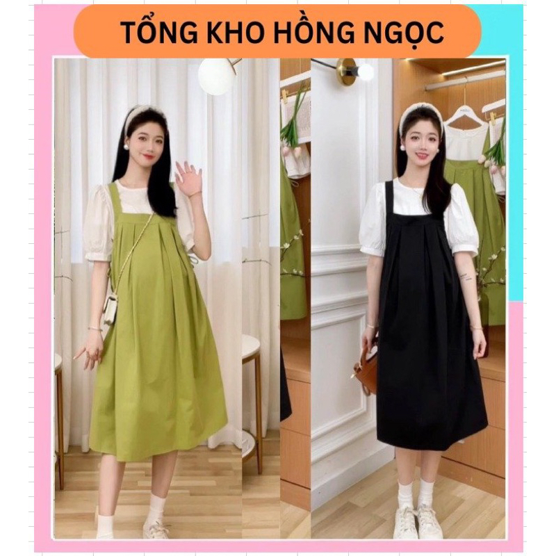 Váy Đầm Bầu Thiết kế Yếm riêng, áo cộc trắng riêng,sét gồm màu xanh và đen, đi làm công sở,đi chơi phù hợp mùa hè