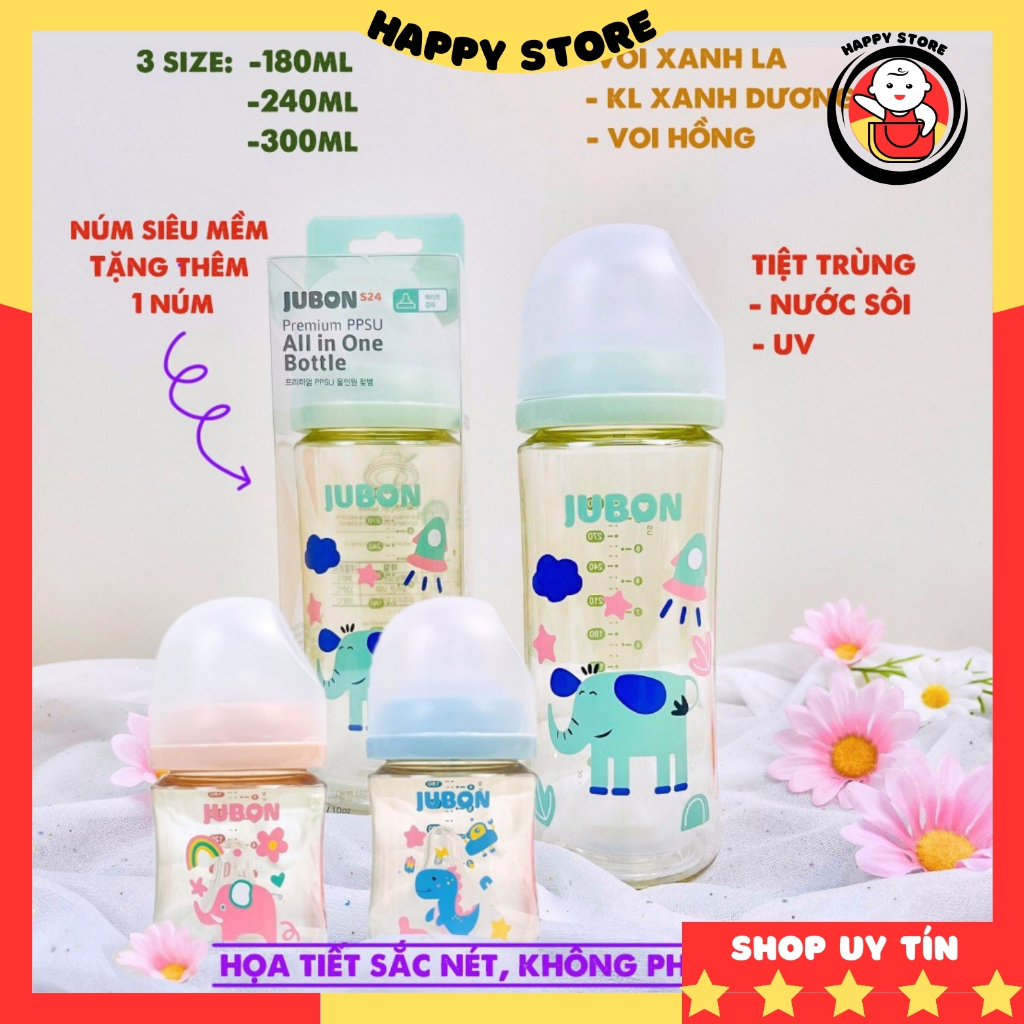 Bình sữa cho bé sơ sinh Jubon , Bình sữa cổ rộng ppsu an toàn cho bé A313 Happy Store