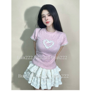 Áo Thun Nữ Form Ôm Phối Ren Trái Tim Coquette Dễ Thương- Bun222