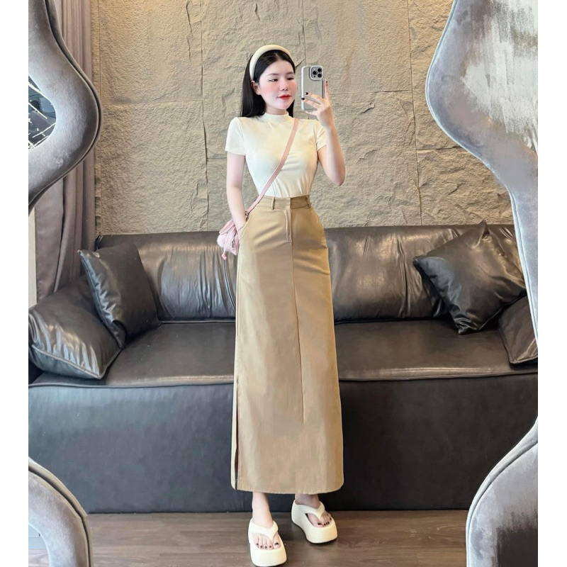 [S2.782] Set Áo Phông Cotton Mix Chân Váy Thô Kaki Nâu Dáng Dài Cá Tính | BigBuy360 - bigbuy360.vn
