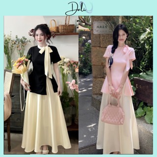  Set Đầm Tiểu Thư 2 Món Gồm Áo Thun Tăm Nơ Cổ Xẻ Tà + Chân Váy Dáng Dài Sang Chảnh 