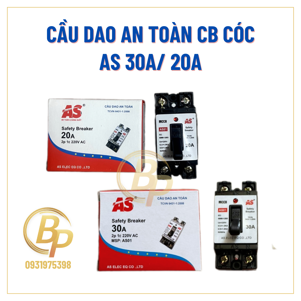 CB cóc 20A 30A AS lá đồng - Cầu dao an toàn 20A/ 30A kèm vỏ aptomat