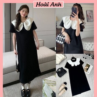 Váy Suông Đen Phối Cổ Bèo Basic Trắng Ngắn Tay Đầm Nữ Xuông Freesize Form Thụng