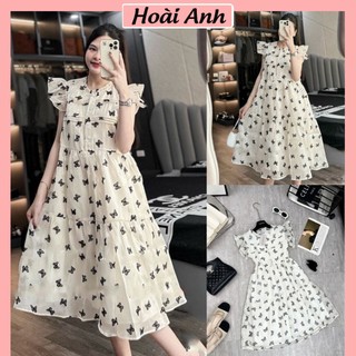 Váy babydoll tơ lụa họa tiết bướm tay cánh tiên đầm nữ 2 lớp dáng suông rộng freesize