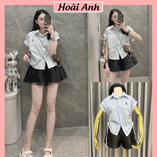 Set Bộ Đồ Nữ Áo Sơ Mi Xanh Cộc Tay Dây Rút 2 Bên Eo Thêu Ngựa Mix Quần Sooc Đùi Tafta Đen Ống Rộng Freesize