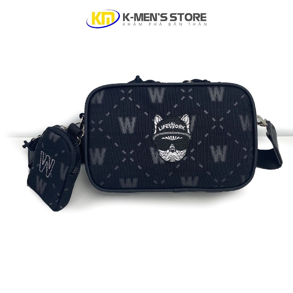 Túi đeo chéo canvas nam nữ logo thêu cá tính, chất POLY CANVAS đen mờ kháng nước chống xơ vải, thiết kế hộp basic size20