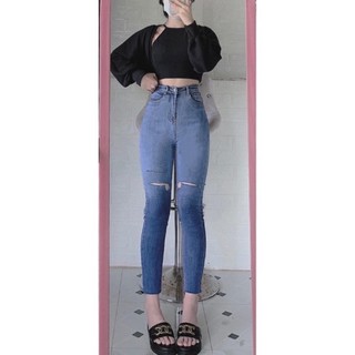  Quần jeans ôm loang rách gối co giãn lưng cao 
