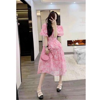 Đầm voan đóng cườm cổ V thời trang nữ dịu dàng họa tiết in hoa xinh , đầm dài dáng xòe tay ngắn phồng
