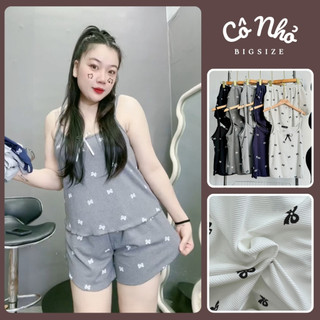 Bộ 2 Dây Nữ Mặc Ở Nhà Gồm Áo Hai Dây Kèm Quần Đùi Lưng Chun Họa Tiết Nơ Dễ Thương SET827