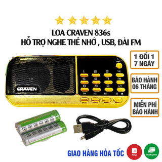  Loa Đa Năng Craven CR-836s Có Anten Hỗ Trợ FM Thẻ Nhớ USB Tai Nghe - Pin Khủng 4400mAh  Đen đỏ  