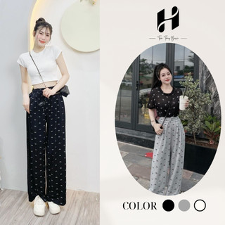Quần Ống Rộng Nữ Chất Tăm Hàn Họa Tiết Nơ, Quần Suông Thun Tăm Cạp Chun Co Giãn Siêu Mát Thời Trang Basic H-Store