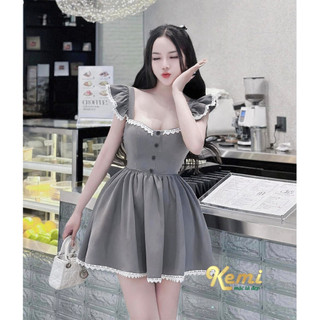 Váy Tafta tiểu thư cánh viền ren cổ vuông xòe tầng xếp ly Kemi kiểu dáng thời thượng