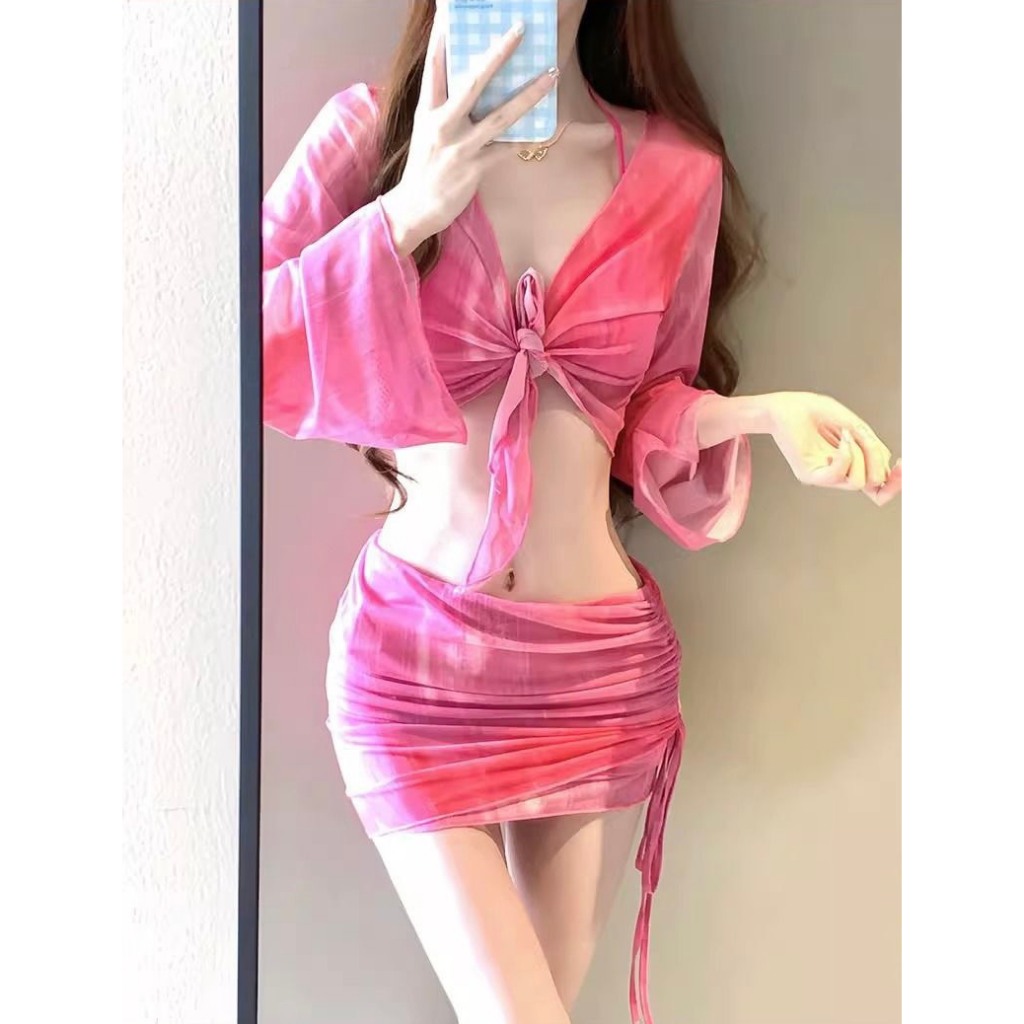 Set bộ đồ bơi bikini 4 chi tiết kèm áo choàng dài tay phối chân váy dây rút ôm body sexy có đệm ngực HMH BKN47 | BigBuy360 - bigbuy360.vn