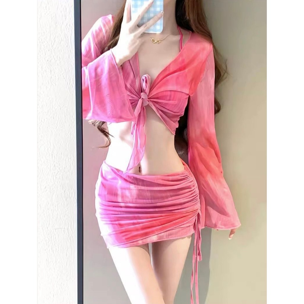 Set bộ đồ bơi bikini 4 chi tiết kèm áo choàng dài tay phối chân váy dây rút ôm body sexy có đệm ngực HMH BKN47 | BigBuy360 - bigbuy360.vn