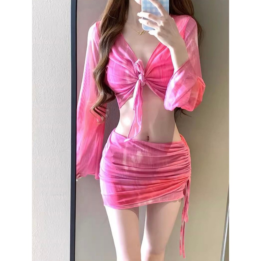 Set bộ đồ bơi bikini 4 chi tiết kèm áo choàng dài tay phối chân váy dây rút ôm body sexy có đệm ngực HMH BKN47 | BigBuy360 - bigbuy360.vn