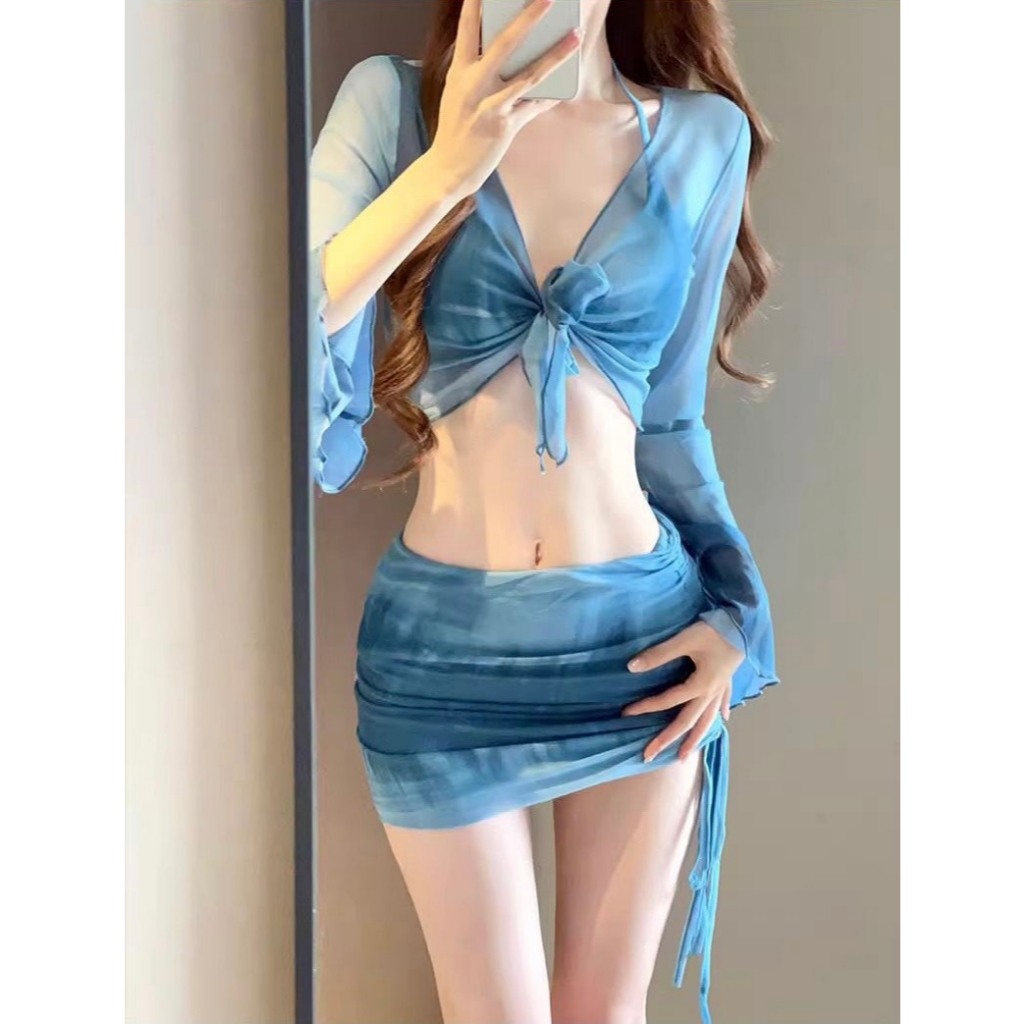 Set bộ đồ bơi bikini 4 chi tiết kèm áo choàng dài tay phối chân váy dây rút ôm body sexy có đệm ngực HMH BKN47 | BigBuy360 - bigbuy360.vn